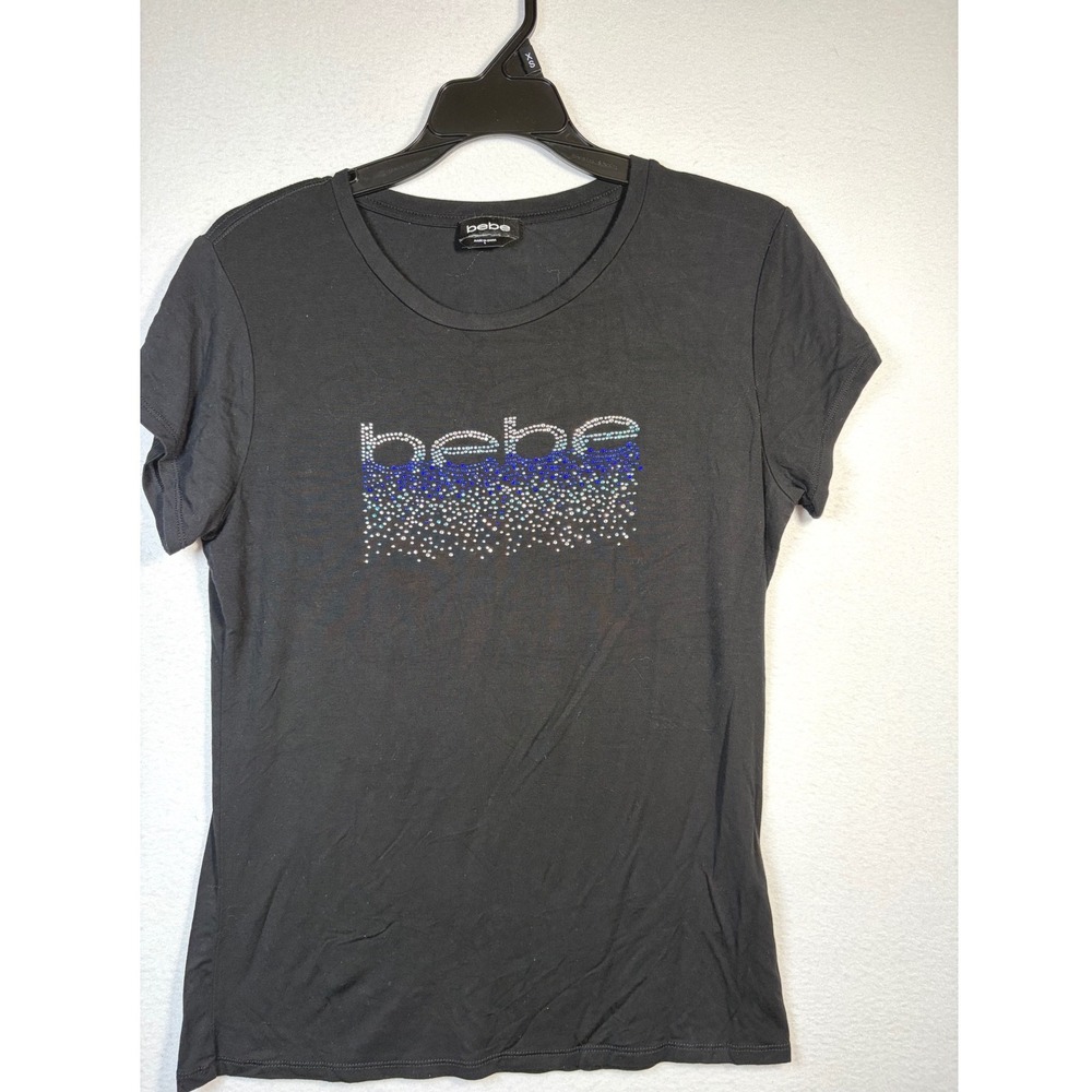 Bebe T Shirt Women Large Black Excellent Rhinestone Logo Short Sleeve Tee